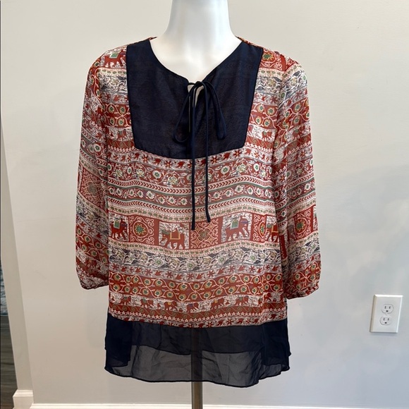 Poema Medium Sheer Navy and Red Elephant Patterned Blouse - Picture 9 of 10